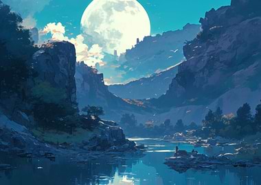 Moonlit Mountain River Landscape Painting