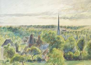 Watercolor Village Landscape with Church Spire