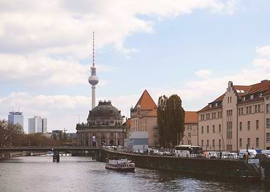 Berlin, Germany I Museum Island skyline with Bode Museum, Fernsehturm tower, Spree river reflections with moody aesthetic urban cityscape photography and calm atmosphere cinematic vintage architecture
