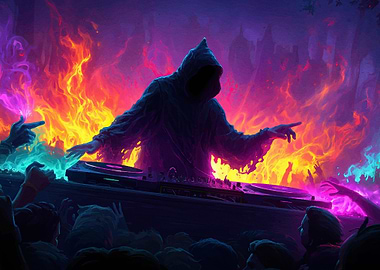Hooded DJ Fiery Background
