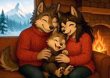 Cartoon Wolf Family by Fireplace