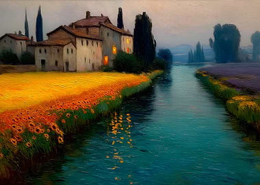 Tuscan Landscape Painting with River