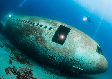 Underwater Airplane Wreck with Diver