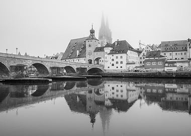 Regensburg, Germany: Stone Bridge and Reflections