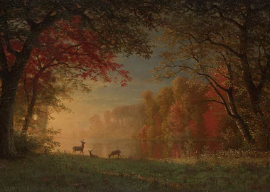 Autumn Landscape with Deer by Lake