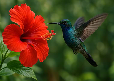 Hummingbird and Red Hibiscus Flower