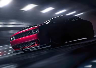 Red Dodge Challenger in Motion