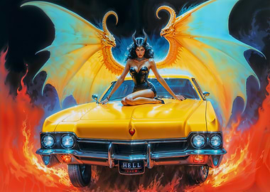 Demonic Lilith on Yellow Car in Hell