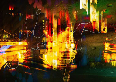 Abstract Cityscape with Figure and Lights