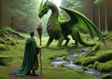 Wizard and Moss Dragon in Forest