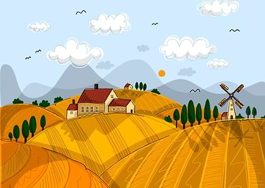 Cartoon Farm Landscape with Windmill