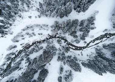 Aerial view of snowy forest and river