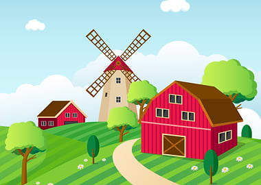Cartoon Farm Landscape with Barn and Windmill