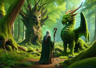 Wizard and Green Dragon in Forest