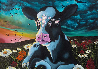 Surreal Cow in Flower Field Painting