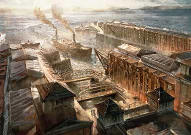 Anno 1800 Vintage Harbor Scene Painting