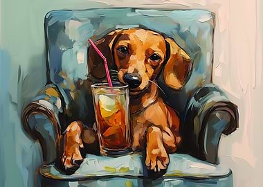 Dachshund with Drink in Armchair Painting