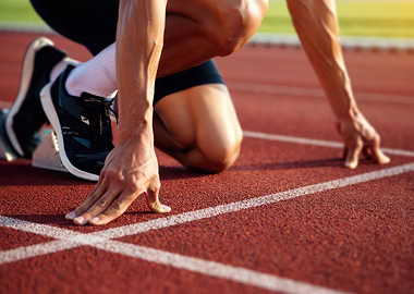 Runner in starting blocks on track
