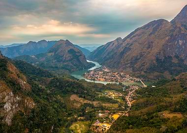 Mountainous Landscape with River and Village