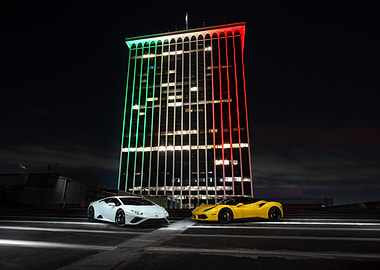 Lamborghini and Ferrari with Italian Building