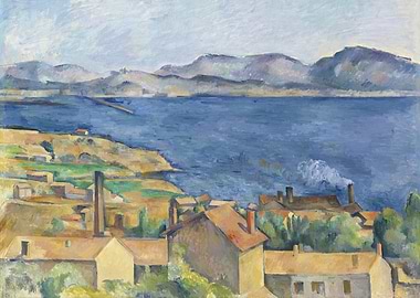 Seascape with buildings and mountains