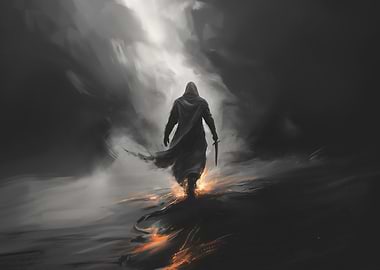 Hooded Figure with Sword in Dark Landscape