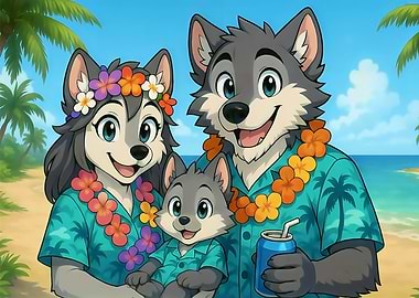 Cartoon Wolf Family on Tropical Vacation