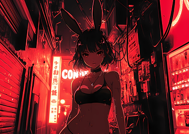 Anime Girl with Bunny Ears in City