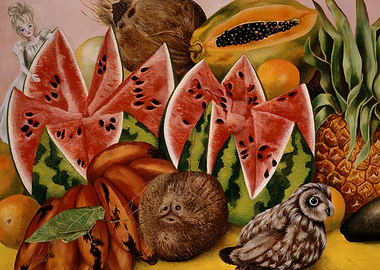 Still Life with Fruit and Owl by frida kahlo