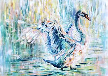 Swan Painting with Spread Wings