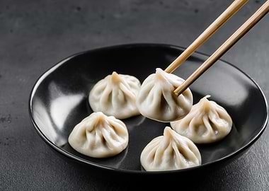 Dumplings on Black Plate with Chopsticks