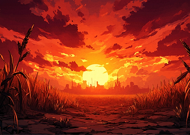 Sunset over field and city skyline