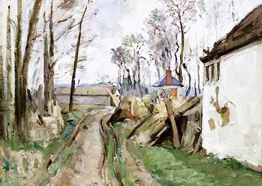Rural Landscape Painting with Path and Buildings