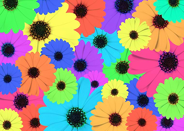 Colorful Blooming Marigold or Daisies Flowers in Vibrant Floral Pattern on a Psychedelic Multicolored Background