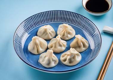 Dumplings on Blue Patterned Plate