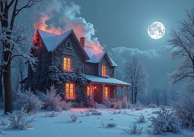 Winter House Under Moonlight