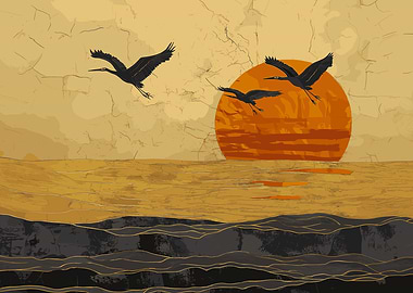 Sunset with Flying Cranes