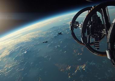 Space Station Orbiting Earth with Ships