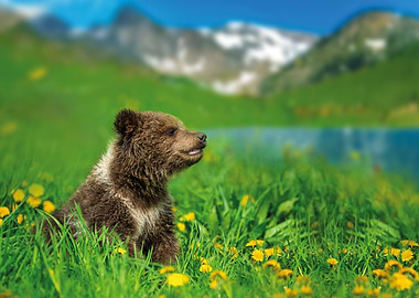 Brown Bear Cub in Mountain Meadow