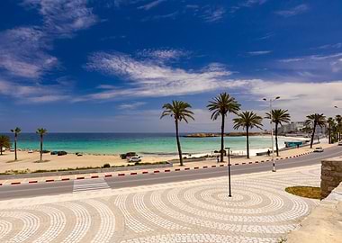 Tropical Beach Scene with Palm Trees, Tunisia
