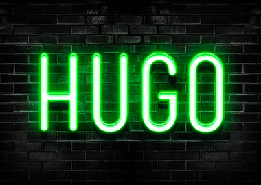 HUGO Neon Sign on Brick Wall