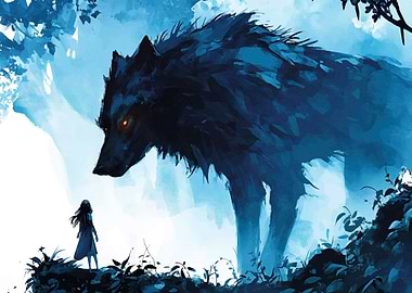 Girl Giant Wolf Illustration