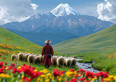 Shepherd and Sheep in Mountain Landscape