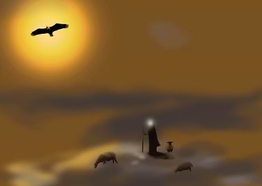 Shepherd, Sheep, and Eagle at Sunset