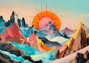 Geometric Mountain Landscape with Sun
