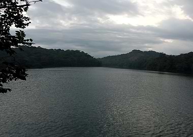 Lake surrounded by trees under cloudy sky Q3