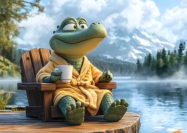 Relaxing Alligator with Coffee by Lake
