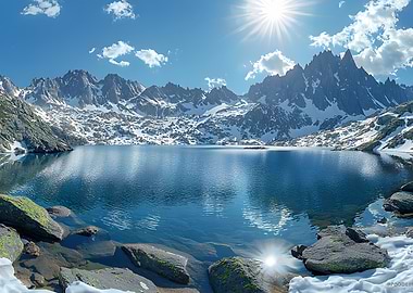 Alpine Lake with Snow-Capped Mountains