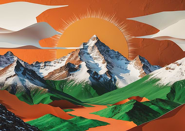 Abstract Mountain Landscape with Orange Sun