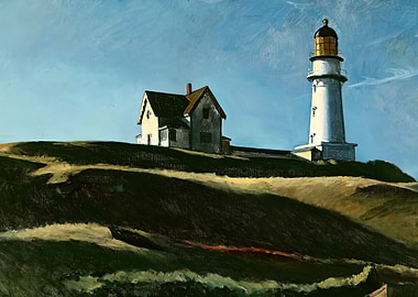 Lighthouse and House on Hill Painting